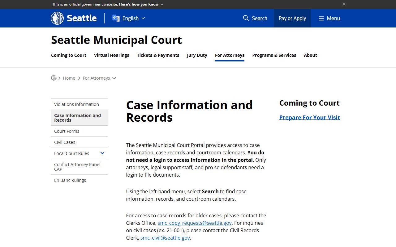 Seattle Municipal Court case information and records page for attorneys and parties