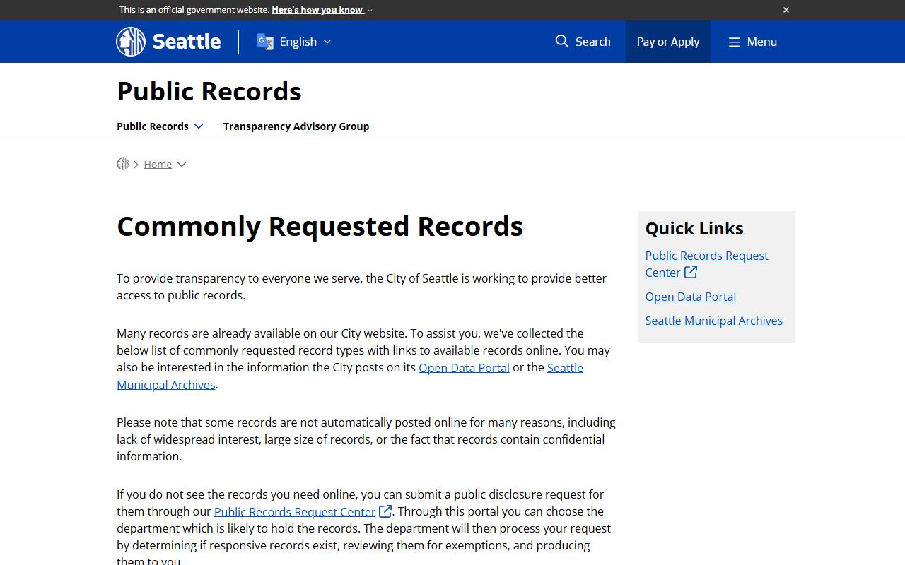 Seattle commonly requested records page showing court dockets, police reports, and other public record types