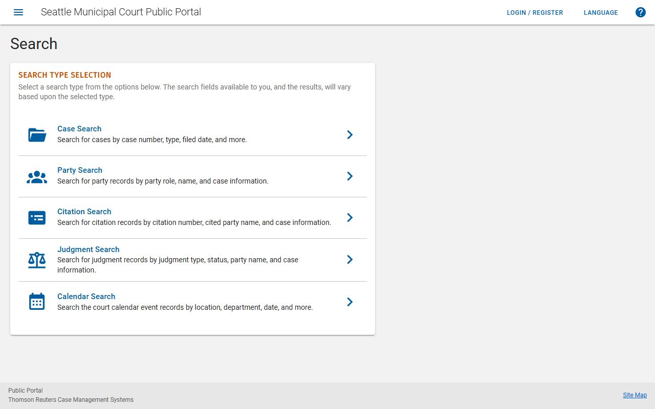 Seattle Municipal Court portal search page for finding Seattle court docket records