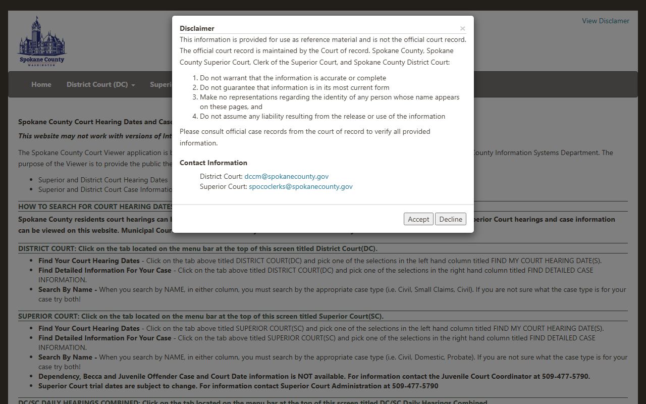 Spokane County Court Viewer homepage showing case search options for district and superior court dockets
