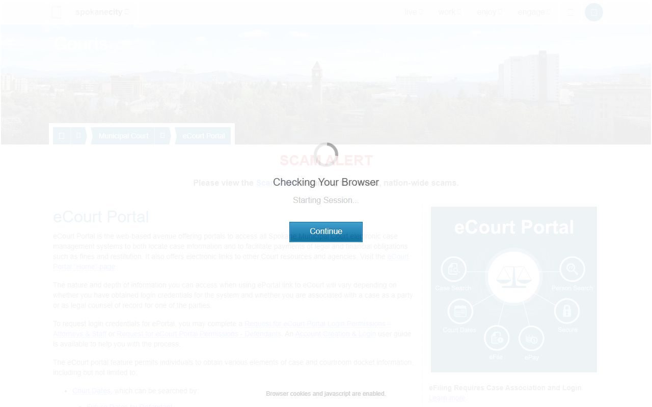 Spokane eCourt Portal homepage for Spokane Municipal Court case and date searches