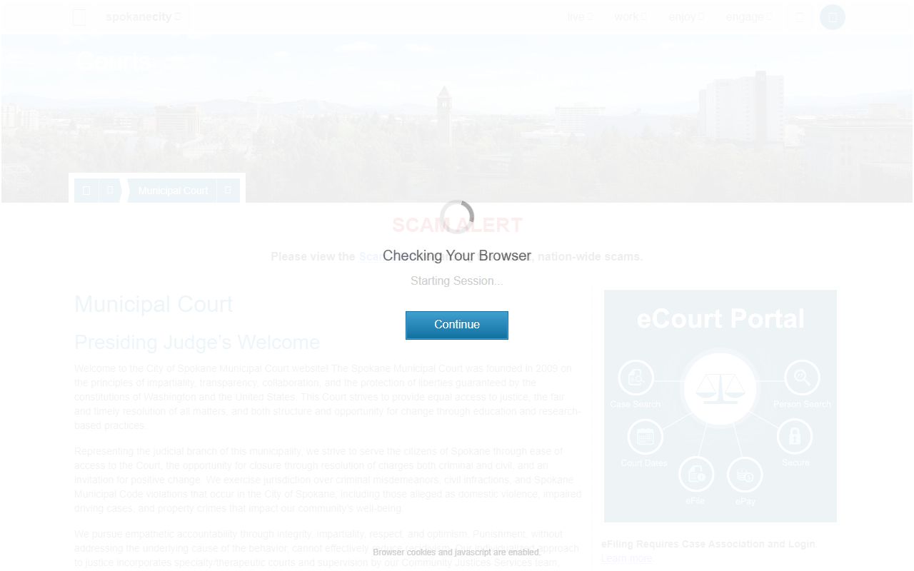 Spokane Municipal Court main page showing case search and recording options
