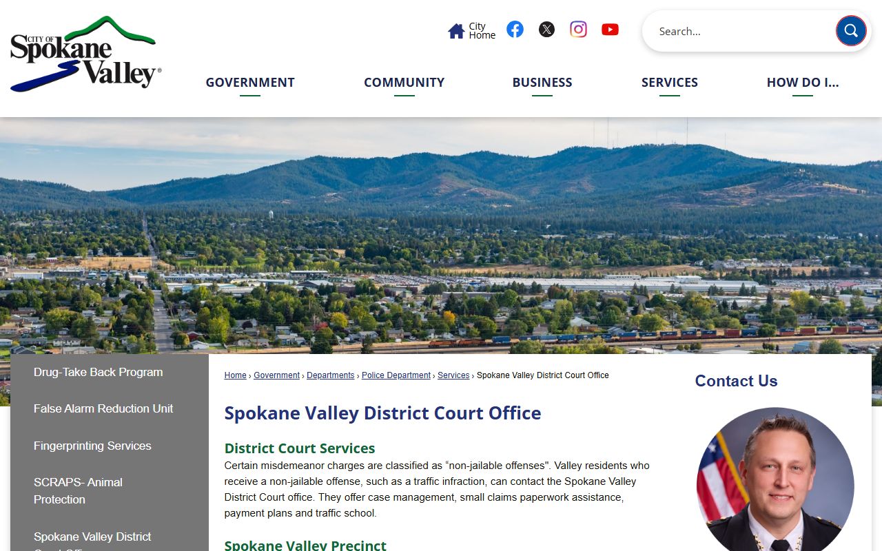 Spokane Valley District Court Office page showing two locations for traffic and criminal cases
