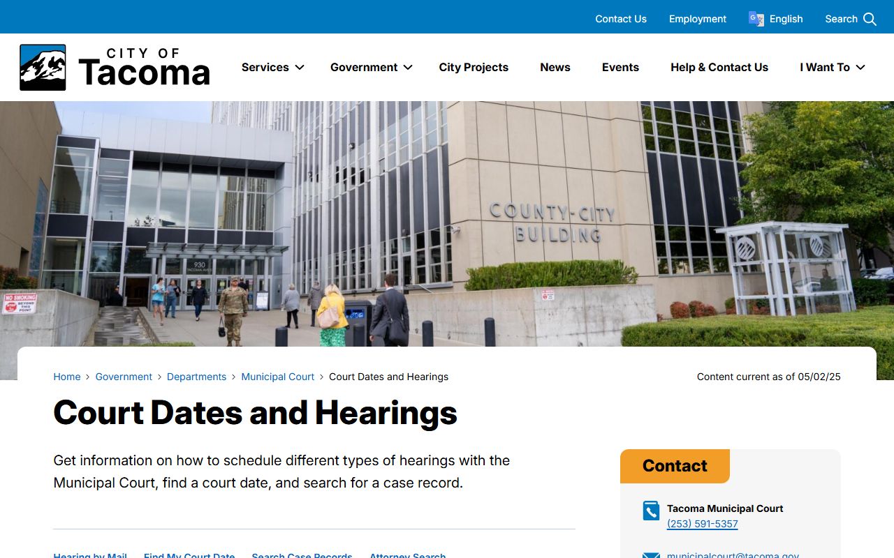 Tacoma Municipal Court court dates and hearings page showing hearing request options and infraction procedures