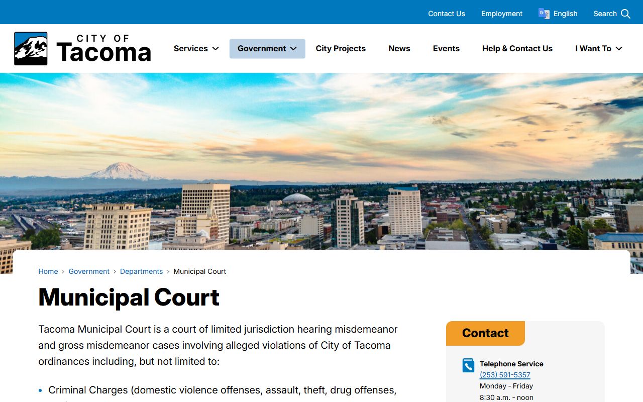 Tacoma Municipal Court homepage showing judges, courtroom locations, and records fee schedule