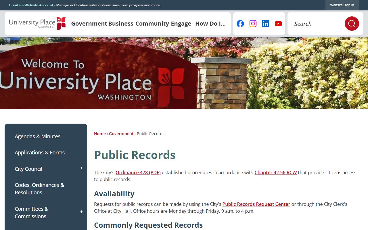University Place public records page showing records request center and city clerk contact information