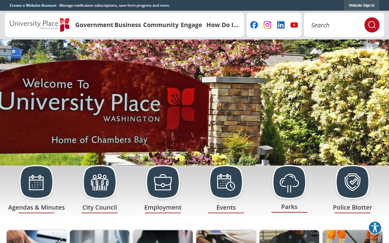 University Place city homepage with links to government services and public records
