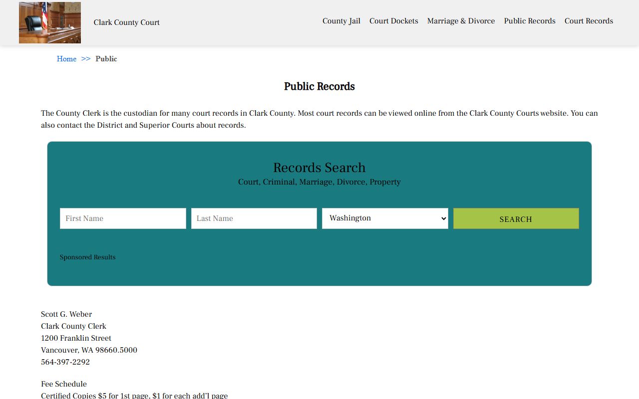 Clark County public records and fee schedule page for Vancouver court records