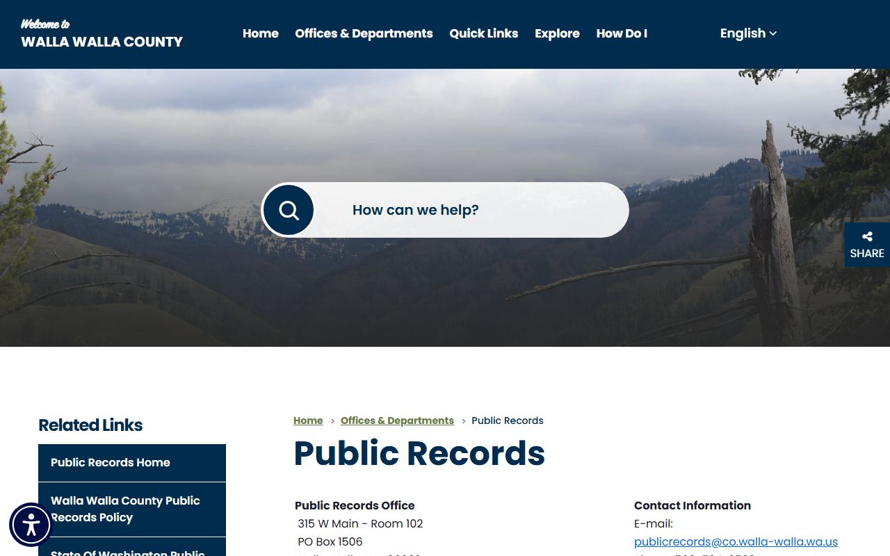 Walla Walla County public records search page for criminal, civil, and domestic court records