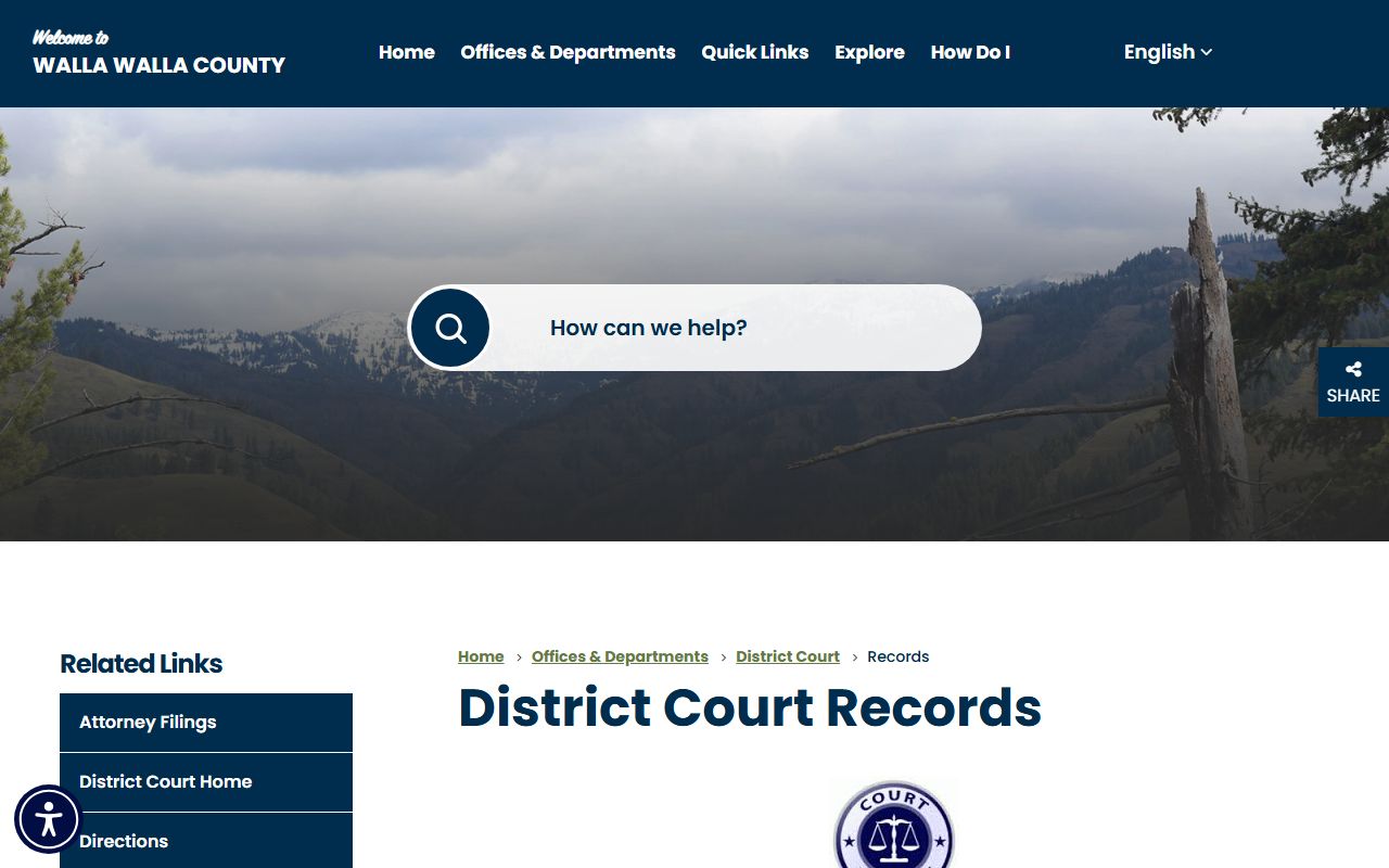 Walla Walla County District Court records page showing records request submission options
