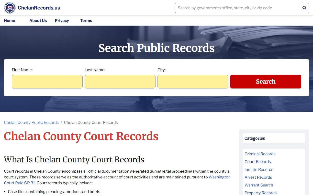 Chelan County court records access page showing contact information and records request options for Wenatchee