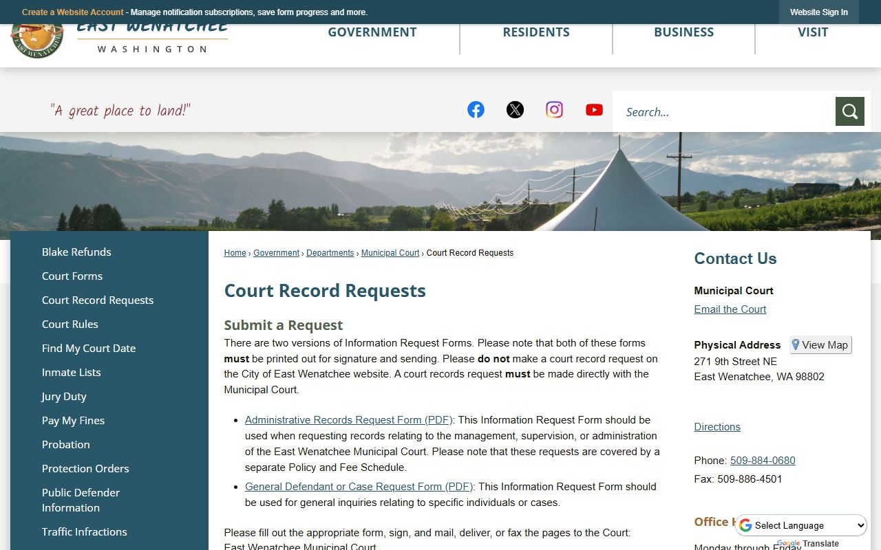 East Wenatchee Municipal Court records request page with form download instructions and fee schedule