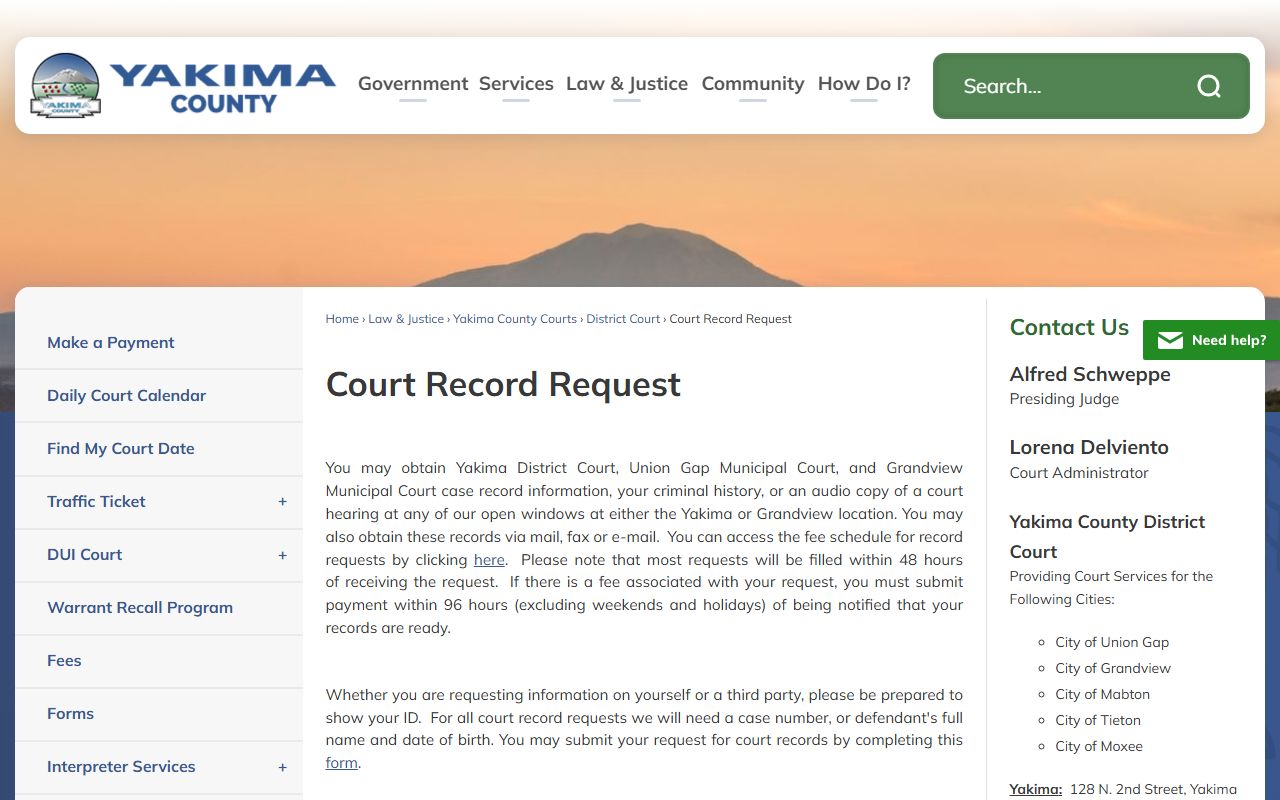 Yakima County court record request page showing form submission options for district court records