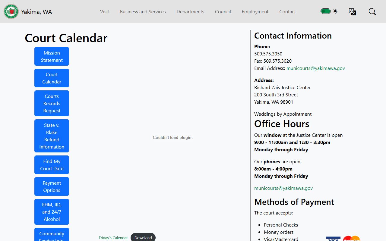 Yakima Municipal Court calendar page showing scheduled hearings and court dates