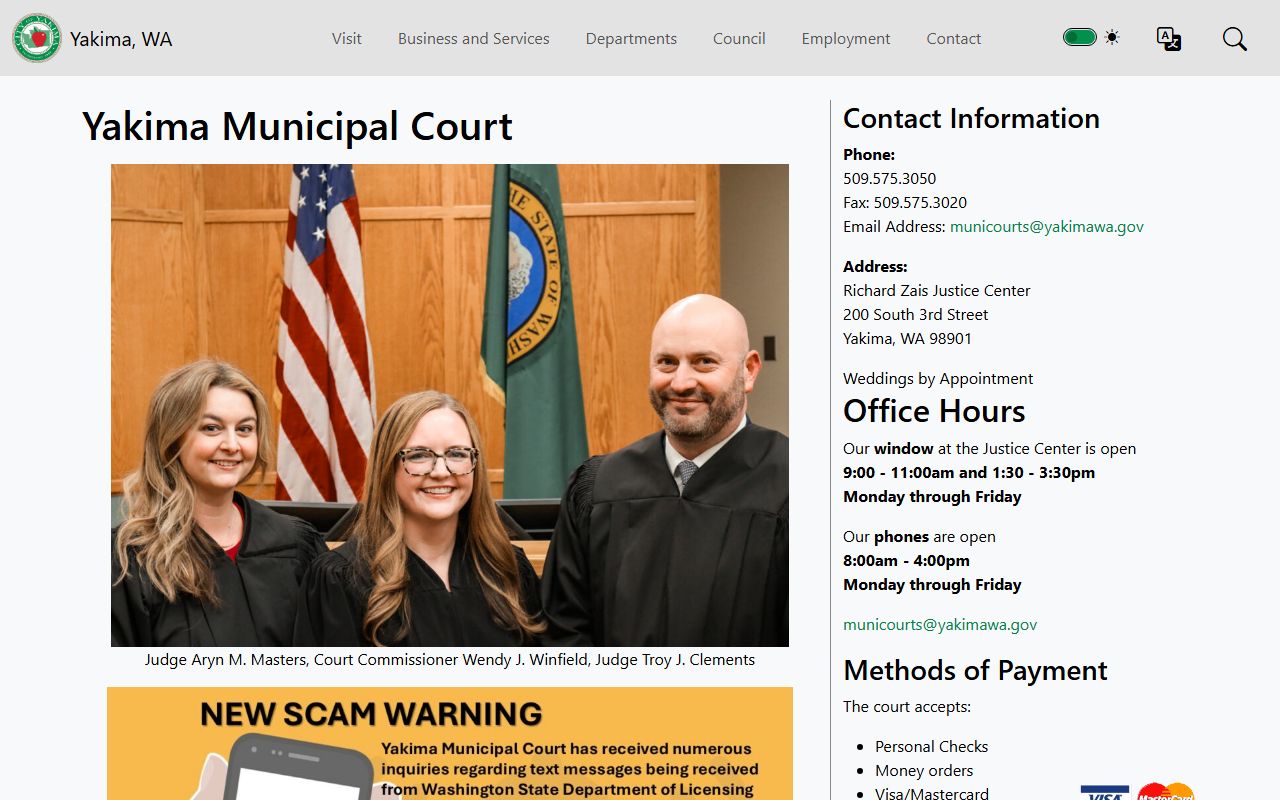 Yakima Municipal Court homepage showing court services, judge information, and calendar links