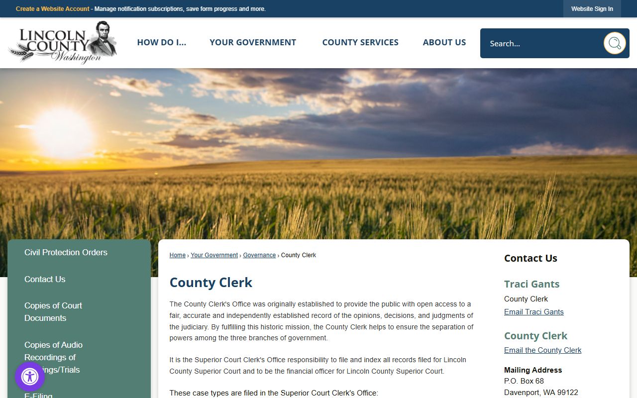 Lincoln County Clerk of Court official website page