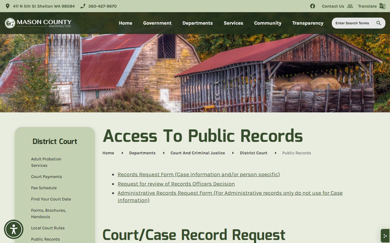 Mason County District Court public records request page