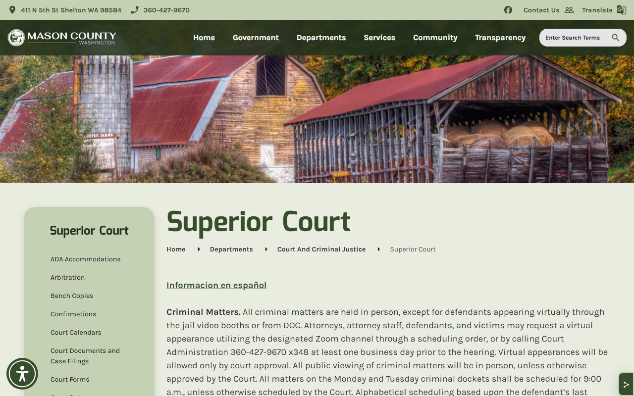 Mason County Superior Court official website page