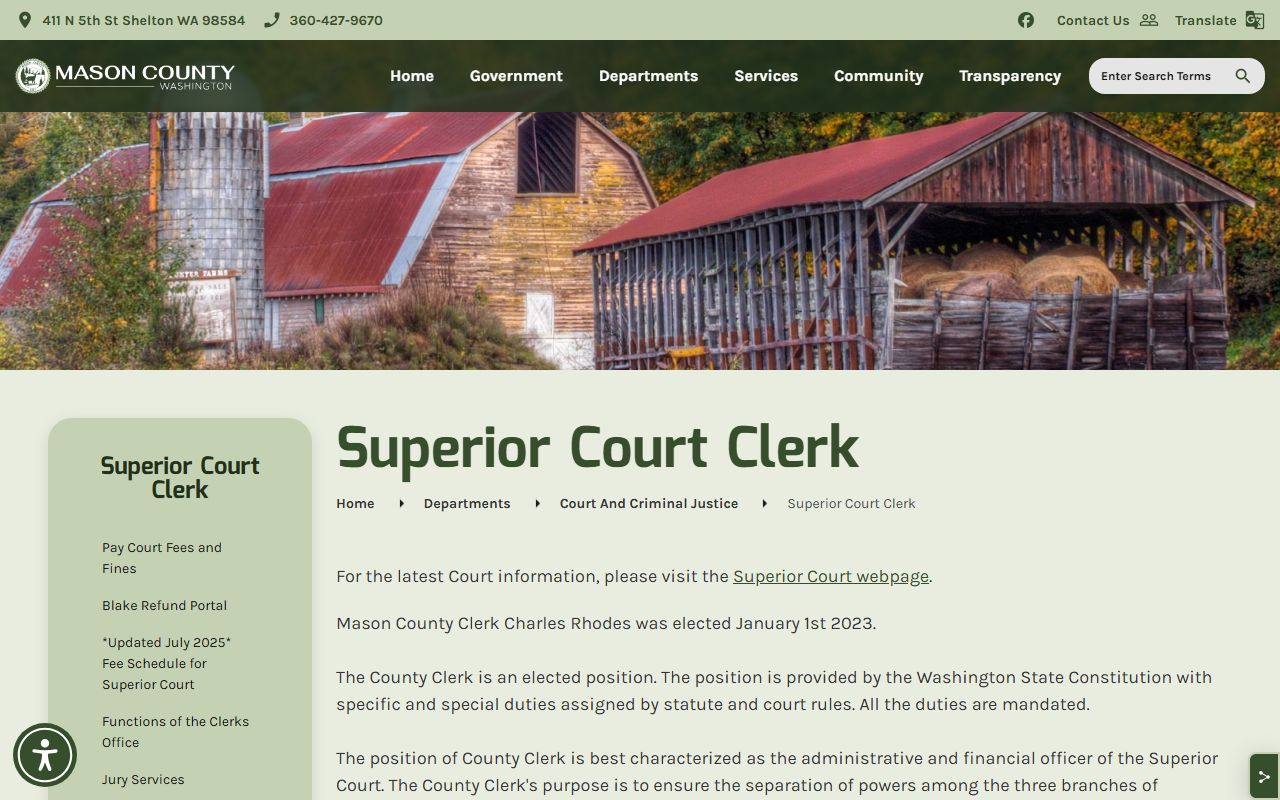 Mason County Superior Court Clerk official website page