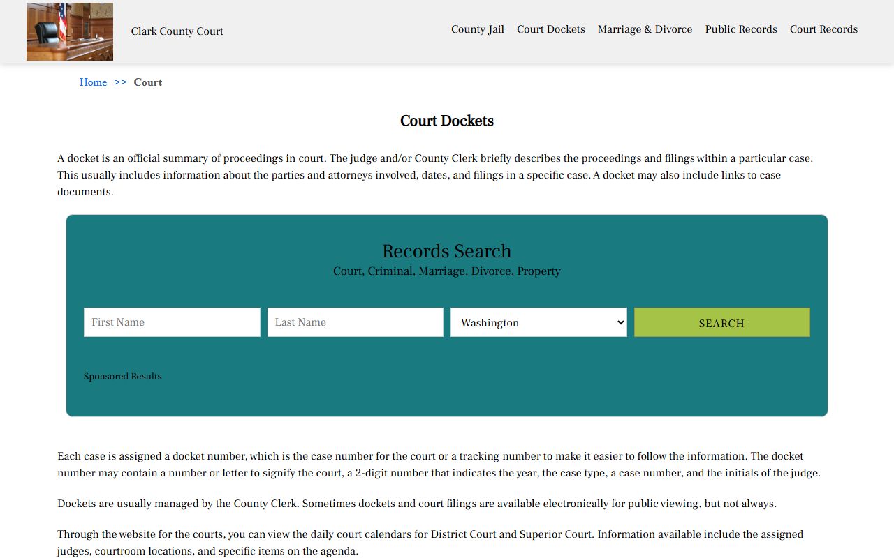 Clark County court dockets page showing daily calendar for District and Superior Court hearings