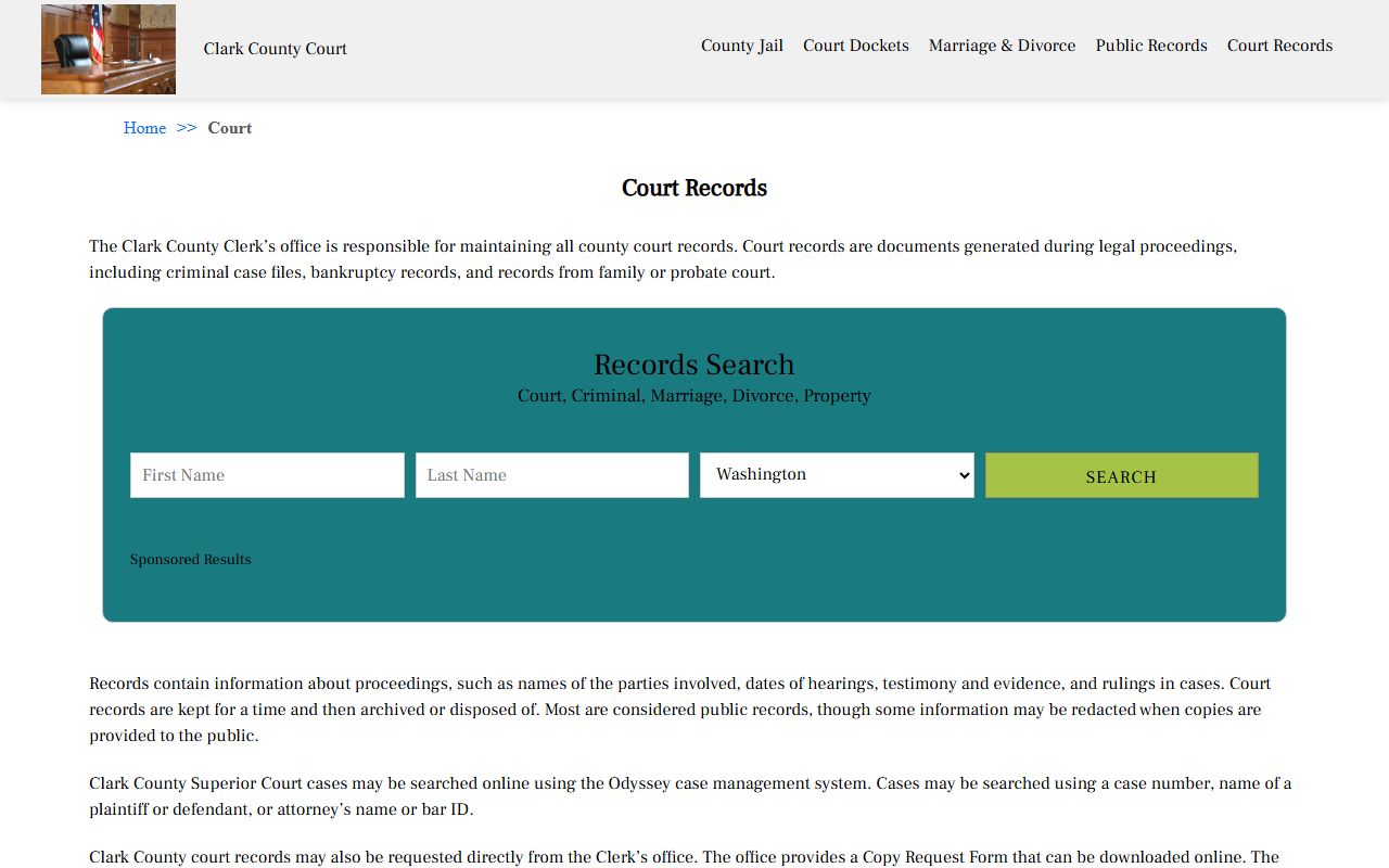 Clark County court records access page covering Orchards unincorporated area cases
