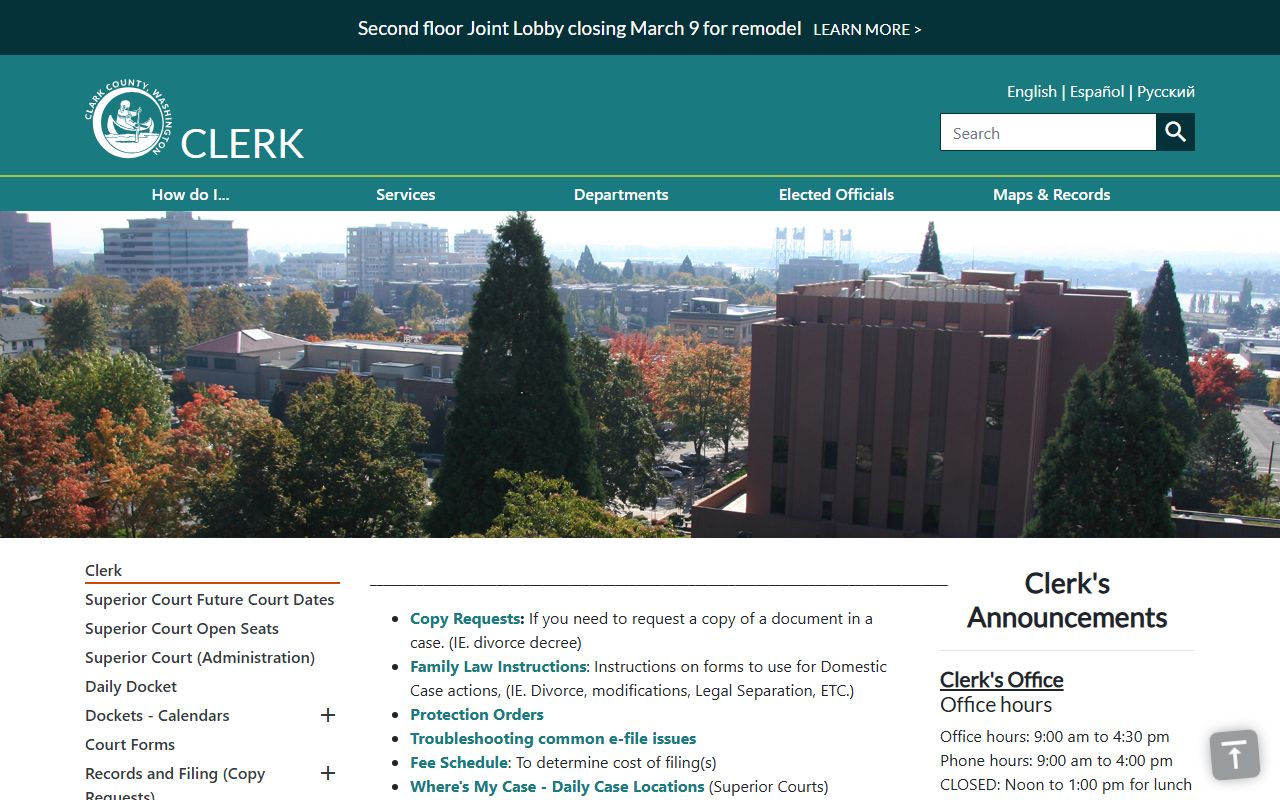 Clark County Clerk landing page with forms and online document access