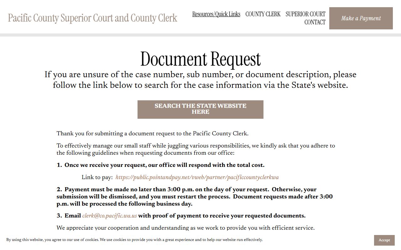 Pacific County court docket document request page