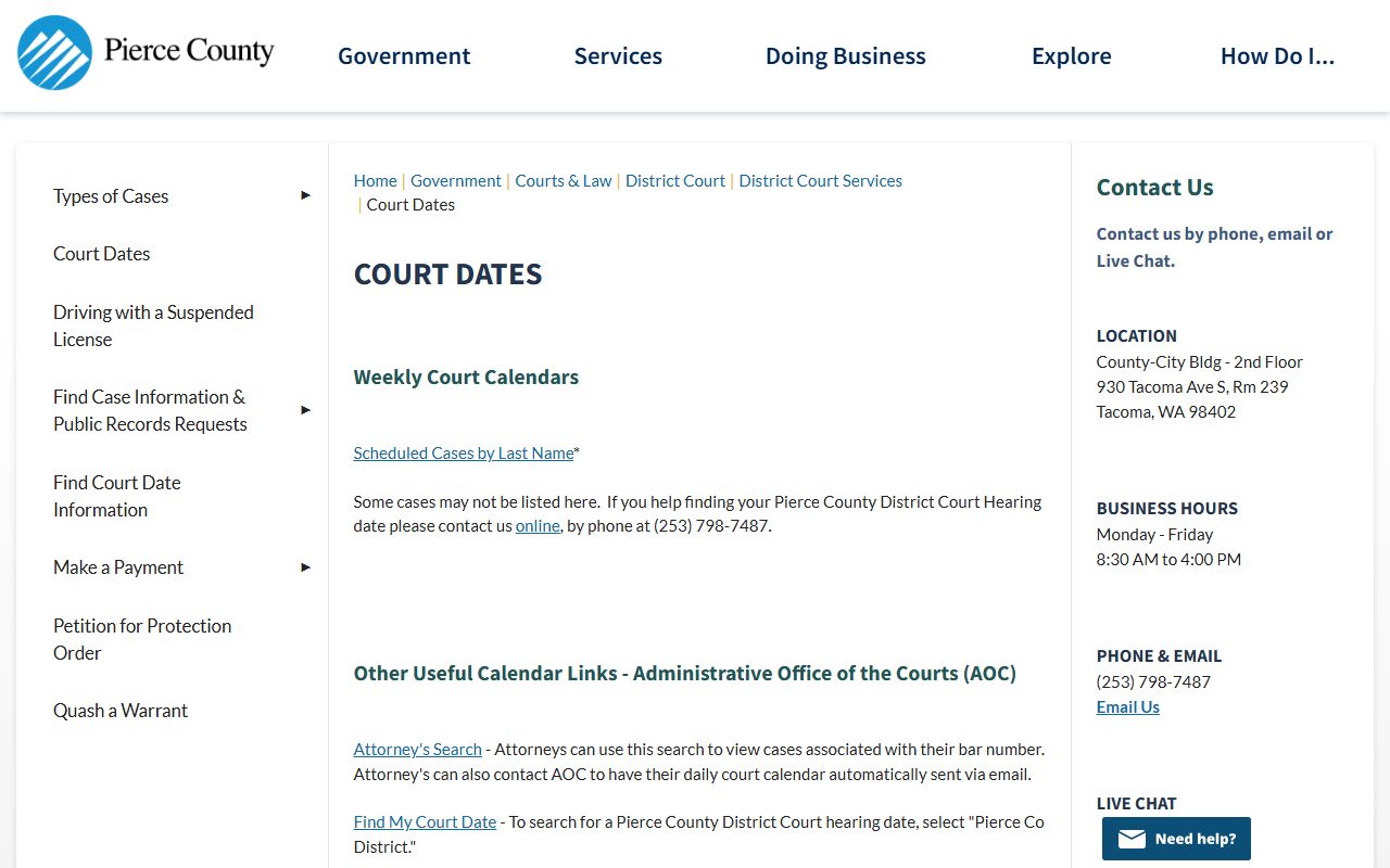 Pierce County District Court weekly calendar page showing Parkland area hearing schedules