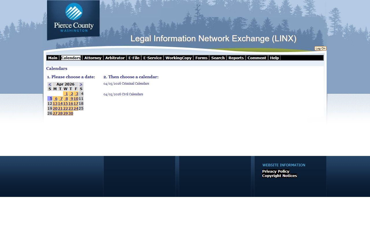 Pierce County LINX calendar portal showing court schedules for Parkland area cases