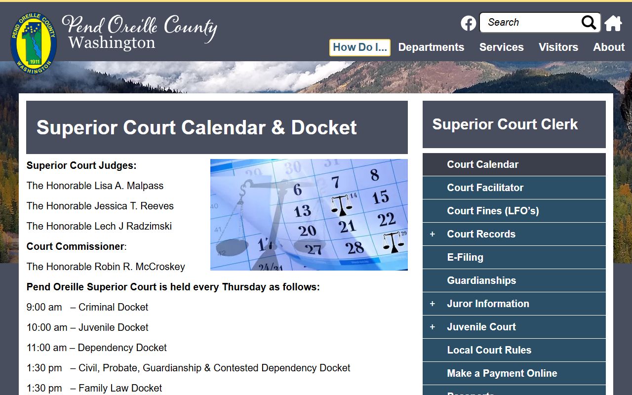 Pend Oreille County court docket calendar and schedule page