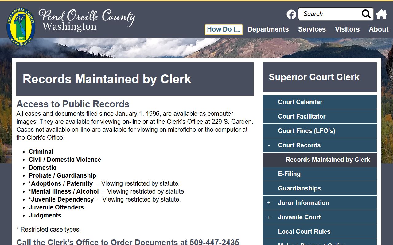 Pend Oreille County court docket records maintained by clerk page