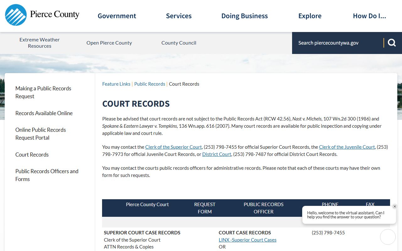 Pierce County court docket records overview page