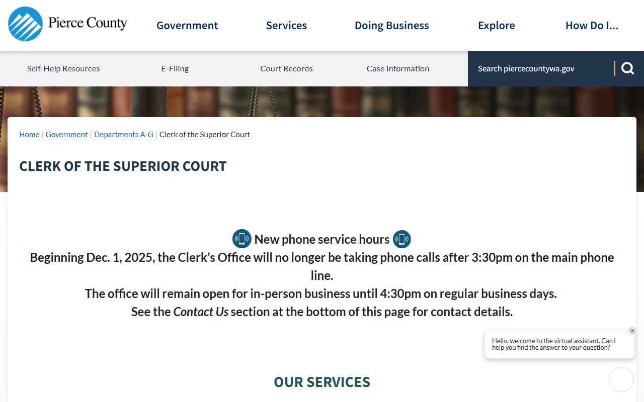 Pierce County court docket clerk of Superior Court page