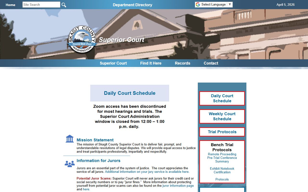 Skagit County Superior Court main page
