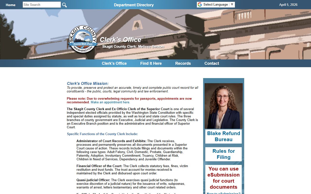 Skagit County Clerk's Office page with records services